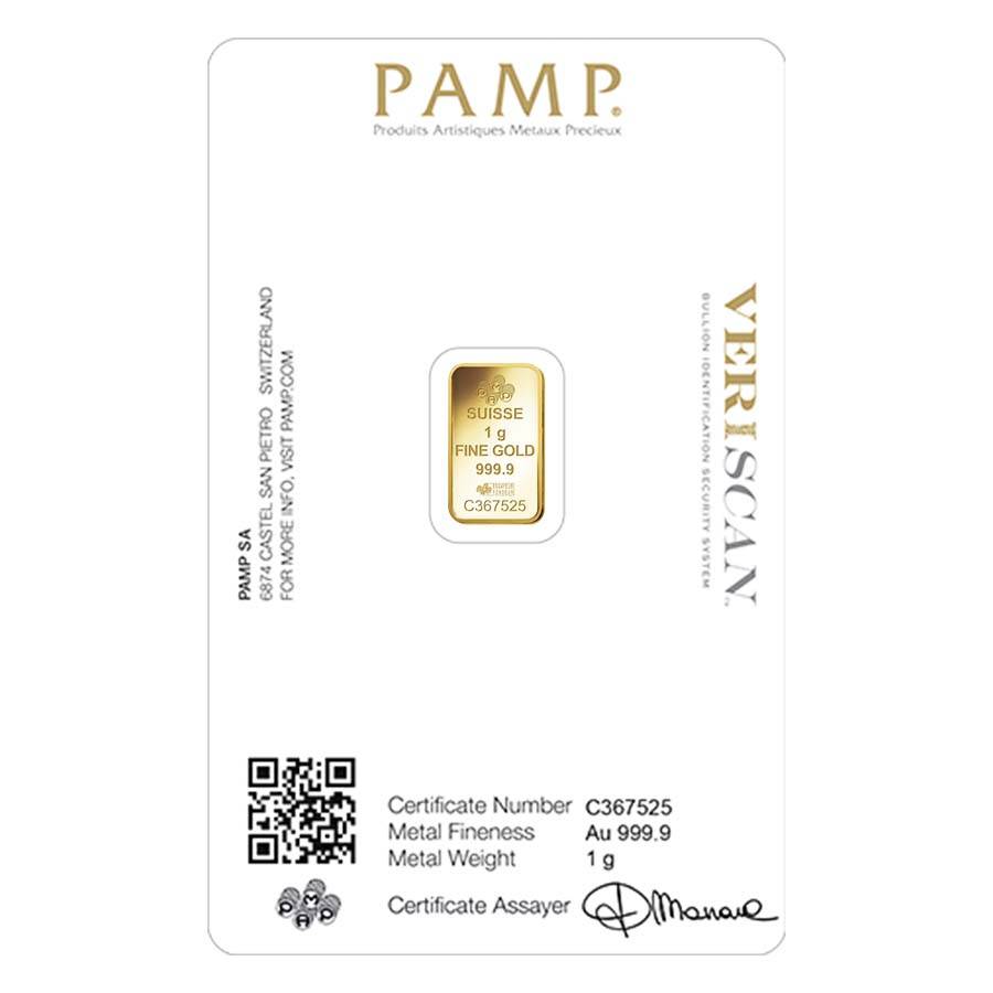  1 gram .9999 24k Gold Bar PAMP Suisse Lady Fortuna  Fine (In Assay)