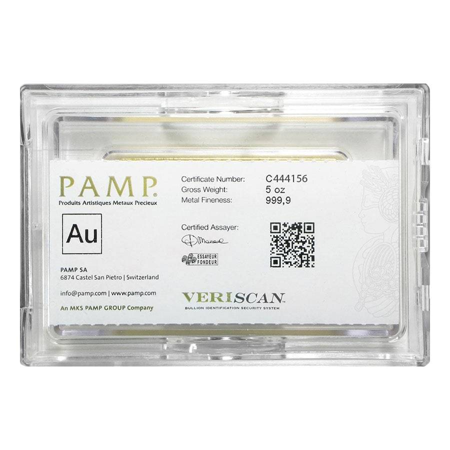  5 oz .9999 24k Gold Bar PAMP Suisse Lady Fortuna